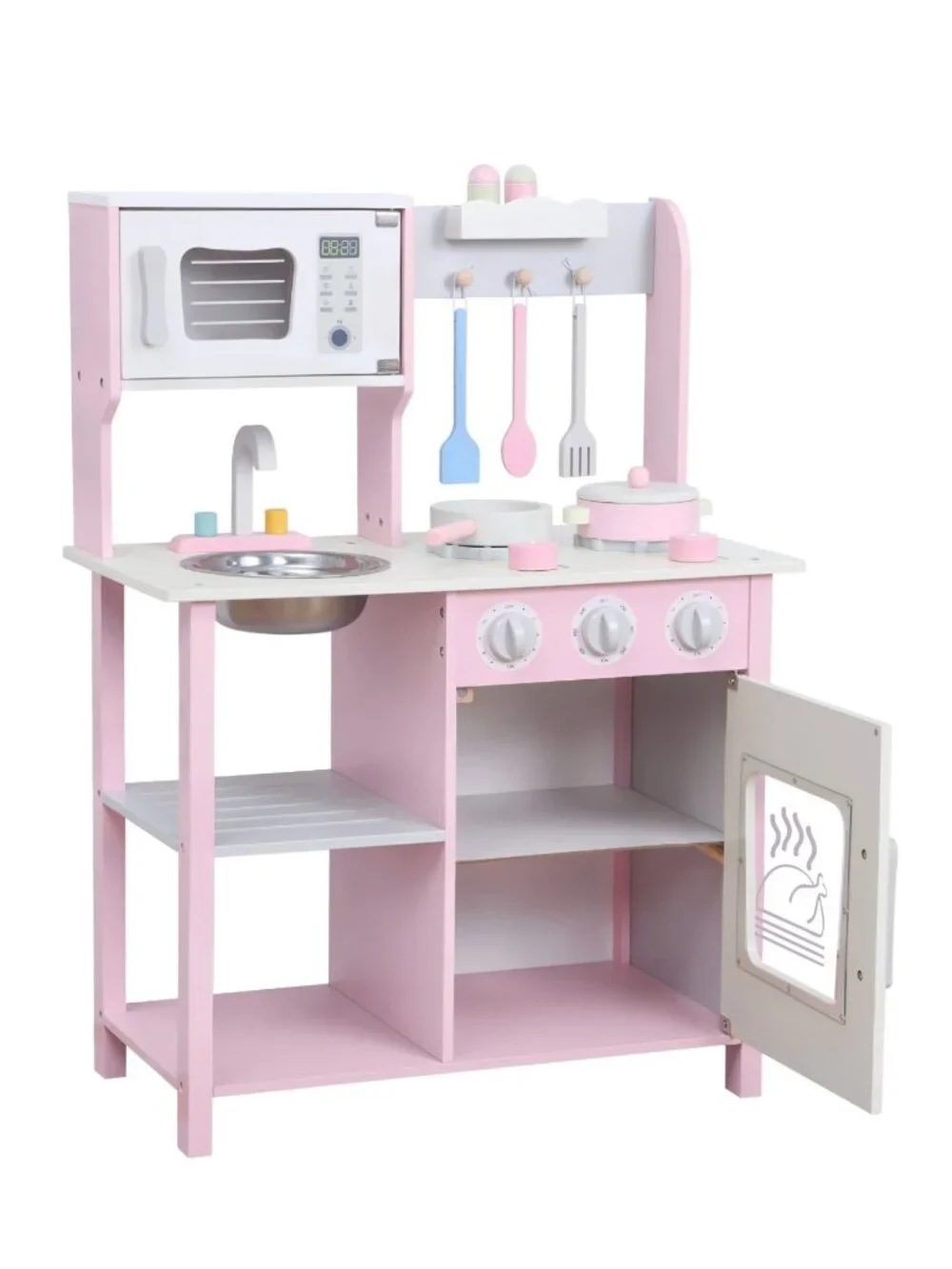 Kids Wooden Play Kitchen Set, Pink Pretend Cooking Toy with Accessories - Picture 7 of 16